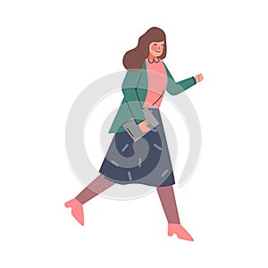 Woman Character Running in a Hurry and Hasten Somewhere Vector Illustration