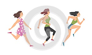 Woman Character Running in a Hurry and Hasten Somewhere Vector Set