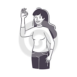 Žena znak zobrazené pozitívne ruka gesto načrtnúť vektor ilustrácie 