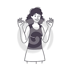 Žena znak zobrazené pozitívne ruka gesto načrtnúť vektor ilustrácie 
