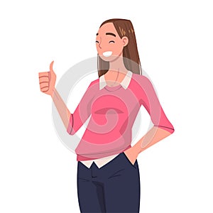 Woman Character Showing Positive Thumb Up Hand Gesture as Approval Sign Vector Illustration