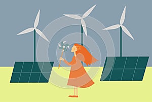 Woman character showing the power of wind - Green Energy