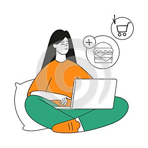 Woman Character Sit with Laptop Use Food Delivery App Vector Illustration