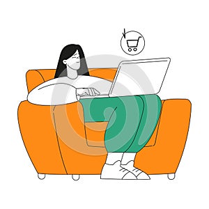 Woman Character Sit with Laptop Use Food Delivery App Vector Illustration