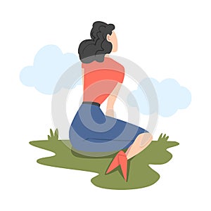 Woman Character Sitting on Grass and Looking Ahead as into Bright Future Vector Illustration