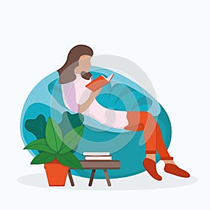 Woman character sitting soft bag chair, female read book and study isolated on white, flat vector illustration. Cartoon design