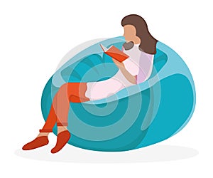 Woman character sitting soft bag chair, female read book and study isolated on white, flat vector illustration. Cartoon design