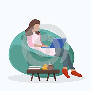 Woman character sitting soft bag chair, female use laptop and study isolated on white, flat vector illustration. Cartoon design