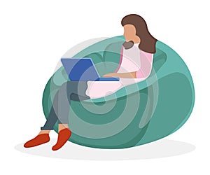 Woman character sitting soft bag chair, female use laptop and study isolated on white, flat vector illustration. Cartoon design