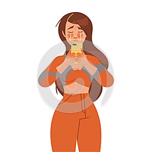 Woman Character with Smartphone Crying, Weeping and Sobbing from Sorrow and Grief Feeling Sad and Upset Vector