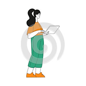 Woman Character Stand with Laptop Use Food Delivery App Vector Illustration