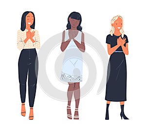 Woman Character Standing Ovation Clapping His Hands as Applause and Acclaim Gesture Vector Set