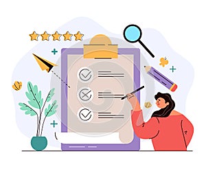 Woman character voting and put tick and cross marks in checkbox. Feedback questionnaire list concept. Vector flat cartoon modern s