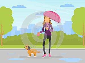 Woman Character Walking the Dog Under Umbrella in Rainy Day Vector Illustration