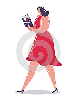 Woman character walking read book, female urban stroll learning french language, girl in red dress cartoon vector