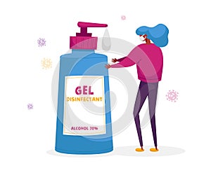 Woman Character Washing Hands in Bathroom with Disinfectant Gel or Antibacterial Soap and Ncov Cells Flying around