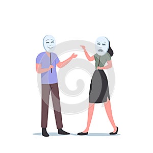 Woman Character Wear Angry Mask Scream on Man who Hide his Face. People Playing Life Roles, Hiding Emotions, Cover Faces