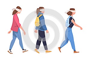 Woman Character Wearing Blindfold Following Someone Trusting and Having Faith in Something Vector Set