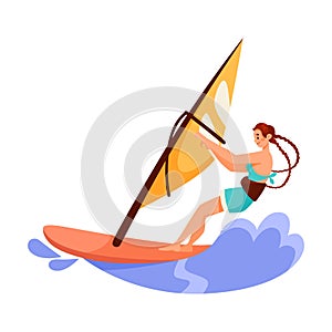 Woman Character Windsurfing Doing Water Sport Activity Vector Illustration