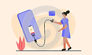 Woman charging cellphone battery illustration. Woman holding smartphone charger