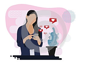 Woman chatting with man near huge phone. Message in smartphone. Vector illustration for web banner, print, infographics, mobile we