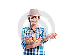 Woman, checked shirt holding basket with apples. Autumn harvest