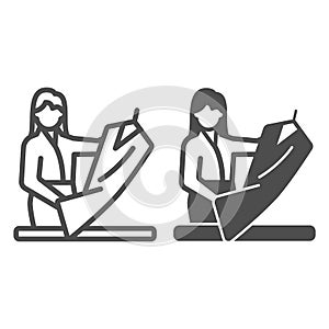 Woman checkes out dess, clothing line and solid icon, clothes concept, garment quality check vector sign on white