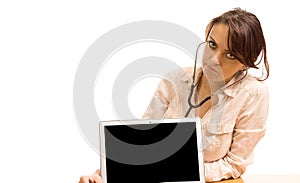 Woman checking the health of her laptop