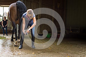 Woman Checking Horse`s Hooves