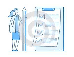 Woman with checklist. Complete business list. Girl holding pencil. Successful task check mark completed document vector
