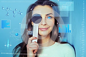 Woman checks the vision clinic in the future ophthalmologistst