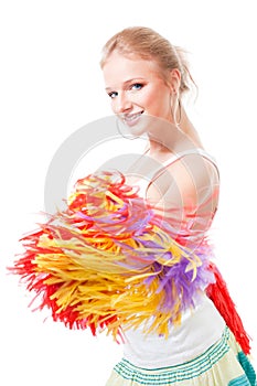 Woman cheer leader smile and shake pompoms