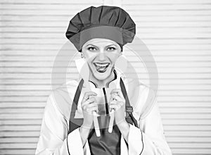 Woman chef cooking hold wooden spoon. Try delicious meal. Healthy recipes. Healthy ration. Woman professional chef hold