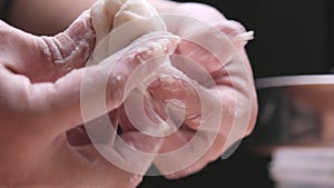 Woman chef hands doing make Chinese dumplings or steamed Chinese bun with vegetables and minced pork. The dough is prepared for th