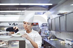 Woman, chef and kitchen with dinner plate for hospitality presentation or cooking, cuisine or service. Female person