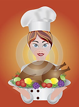Woman Chef with Roast Turkey Dinner Illustration