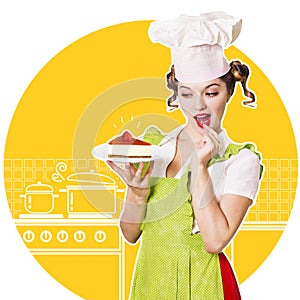 Woman chef and sweet cheesecake in her hand.Collage kitchen bac