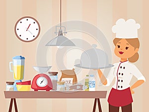 Woman chef teaches cooking class, vector illustration. Girl in cook uniform holding a dish with cooked meal. Kitchen