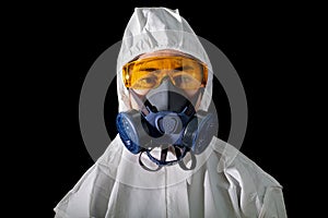 Woman in chemical protective clothing and antigas mask with glasses at white background, Women scientist in safety suit, Safety