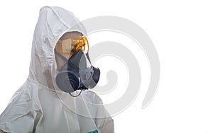 Woman in chemical protective clothing and antigas mask with glasses at white background, Women scientist in safety suit, Safety