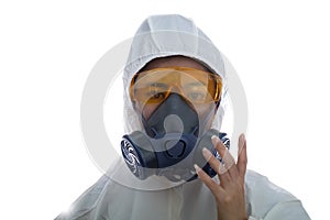 Woman in chemical protective clothing and antigas mask with glasses at white background, Women scientist in safety suit, Safety