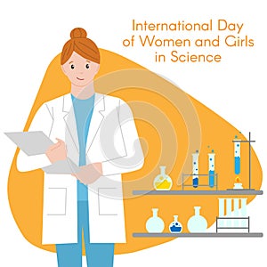 Woman chemist with a folder. International Day of Women and Girls in Science. Illustration. Flat style. Isolated