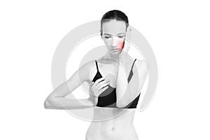 Woman with chest pain. Migraine and toothache. Pain in the human body isolated on white background