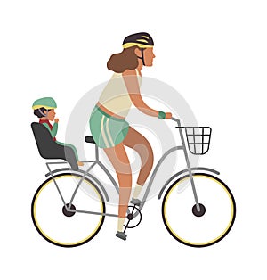 Woman and child on bicycle. Young happy mother with baby riding vector family activities illustraton