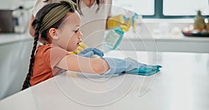 Woman, child or bottle to spray, wipe or kitchen table for clean, health and safety in family home. Mother, girl and ppe