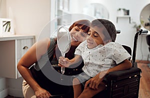 Woman, child disability and mirror in salon for self love happy with service after barber, hairdresser or stylist cuts