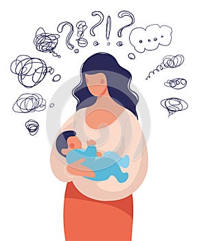 A woman with a child in her arms asks herself many questions. Conceptual illustration about postpartum depression, help