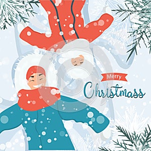 A woman and a child lie on the snow.Games on the street in winter. Winter activity. Snowing. Merry Christmas