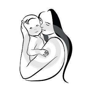 Woman with a child. Logo of a young mother with a baby in her hands. Black and white illustration of a mother hugging