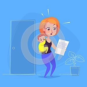 Woman with child looking at document. Vector Illustration